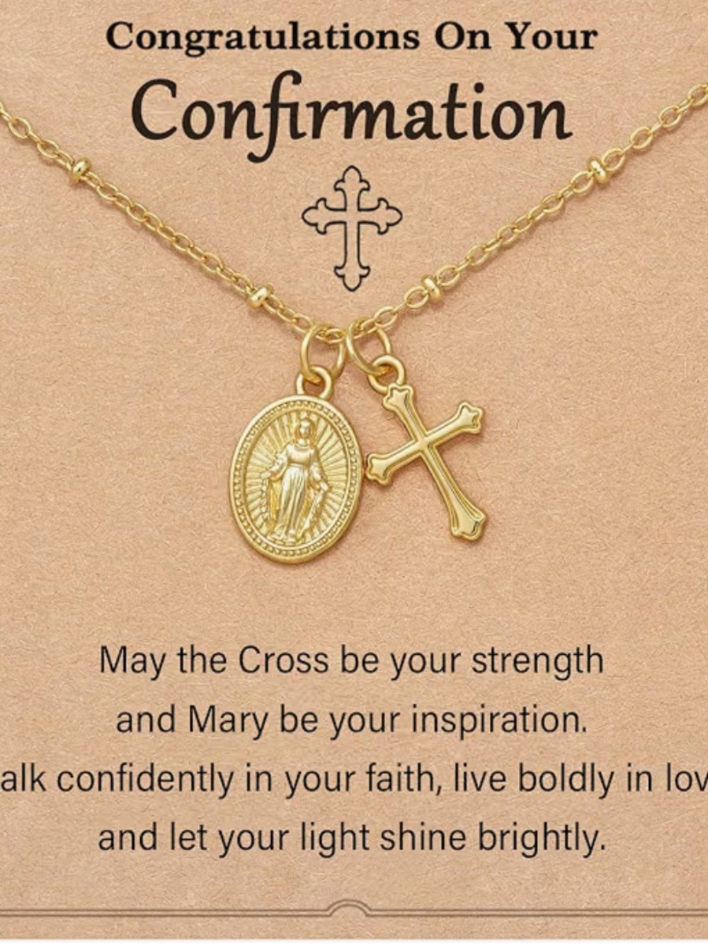 Gold Mary Medal and Cross Necklace for Women - Confirmation Gift
